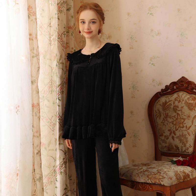 Solid Color Doll Collar Lace Velvet Long Sleeve Pants Pajamas Set