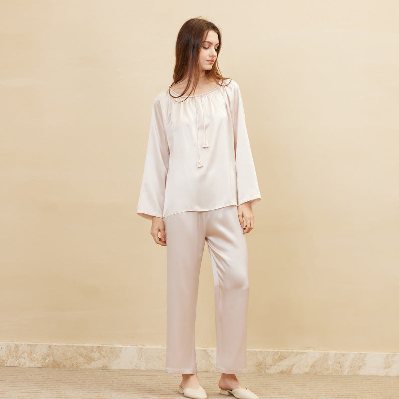 19 Momme Mulberry Silk Taro Pink Pullover Long Sleeve Trousers Pajamas Set