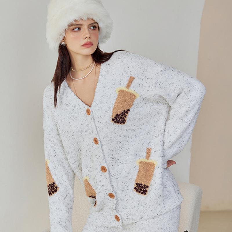 Grey Bubble Tea Half-Pile Long Sleeve Trousers Pajamas Set