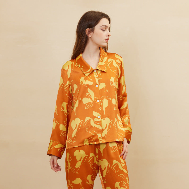 19 Momme Mulberry Silk Orange Print Long Sleeve Trousers Pajamas Set