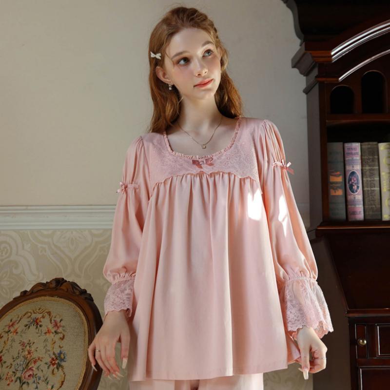 Cute Solid Color Bow Long Sleeve Pants Pajamas Set