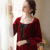 Burgundy Square Collar Bow Velvet Long Sleeve Nightdress