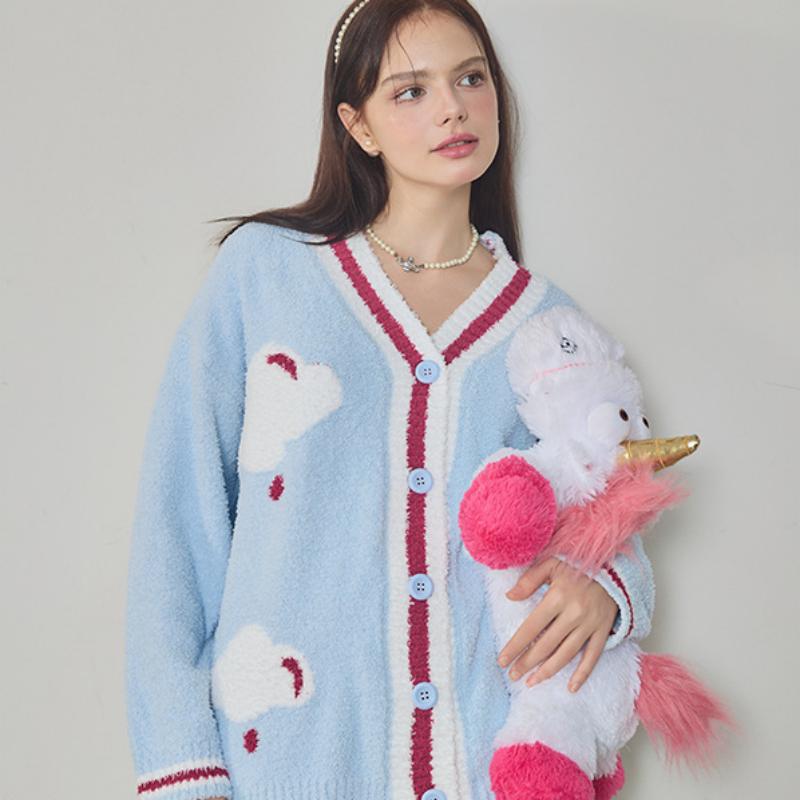 Blue Cloud Half-Pile Flannel Long Sleeve Trousers Pajamas Set