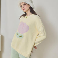 Yellow Large flowers Half-Pile Flannel Pullover Long Sleeve Trousers Pajamas Set