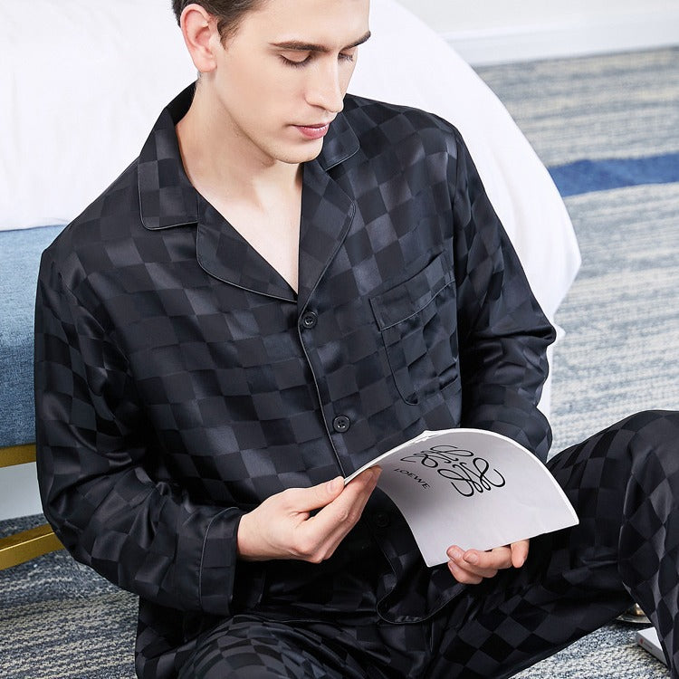 19 Momme 100% Mulberry Silk Square Lattice Jacquard Pattern Men's Long Sleeve Pajamas Set