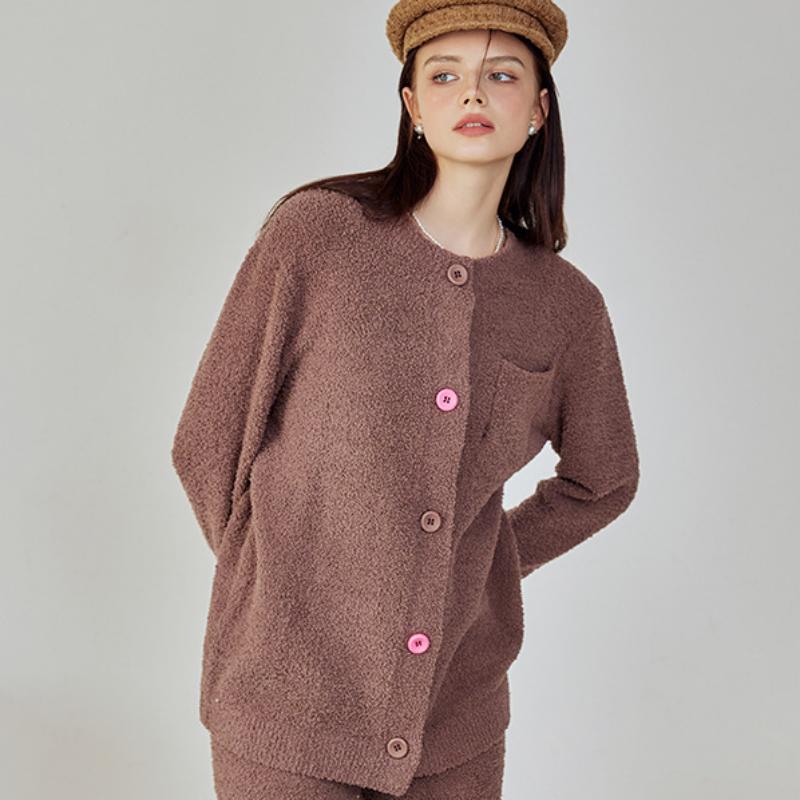 Brown Half-Pile Flannel Long Sleeve Trousers Pajamas Set