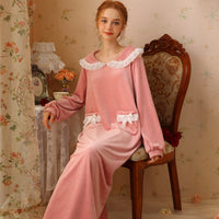 Cute Lapel Lace Bow Velvet Long Sleeve Nightdress