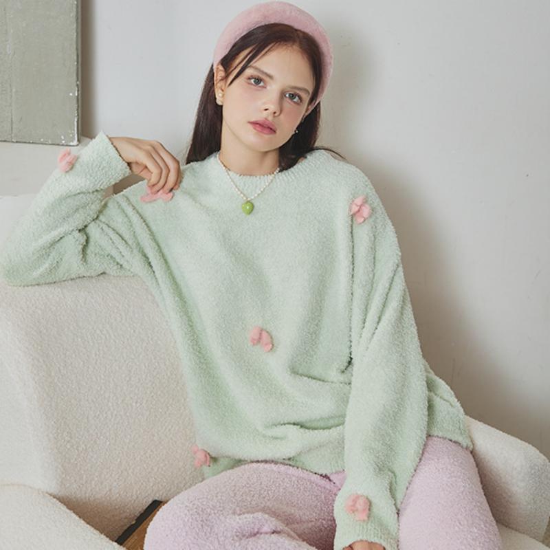 Light Green Bow Half-Pile Flannel Pullover Long Sleeve Trousers Pajamas Set