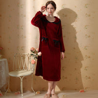 Cute Lapel Lace Bow Velvet Long Sleeve Nightdress