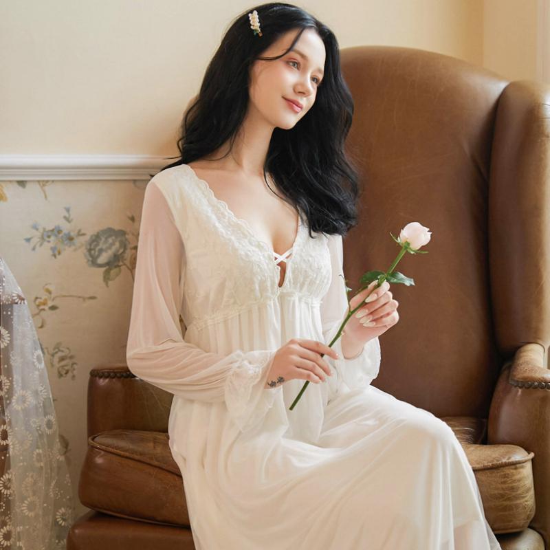 Palace Style Lace Puffed Sleeve Gauze Long Sleeve Nightdress