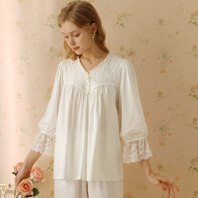 French V-Neck Lace Long-Sleeved Trousers Pajama Set