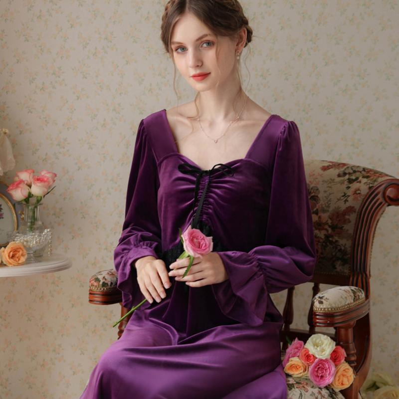 French Velvet Bow Long Sleeve Nightdress