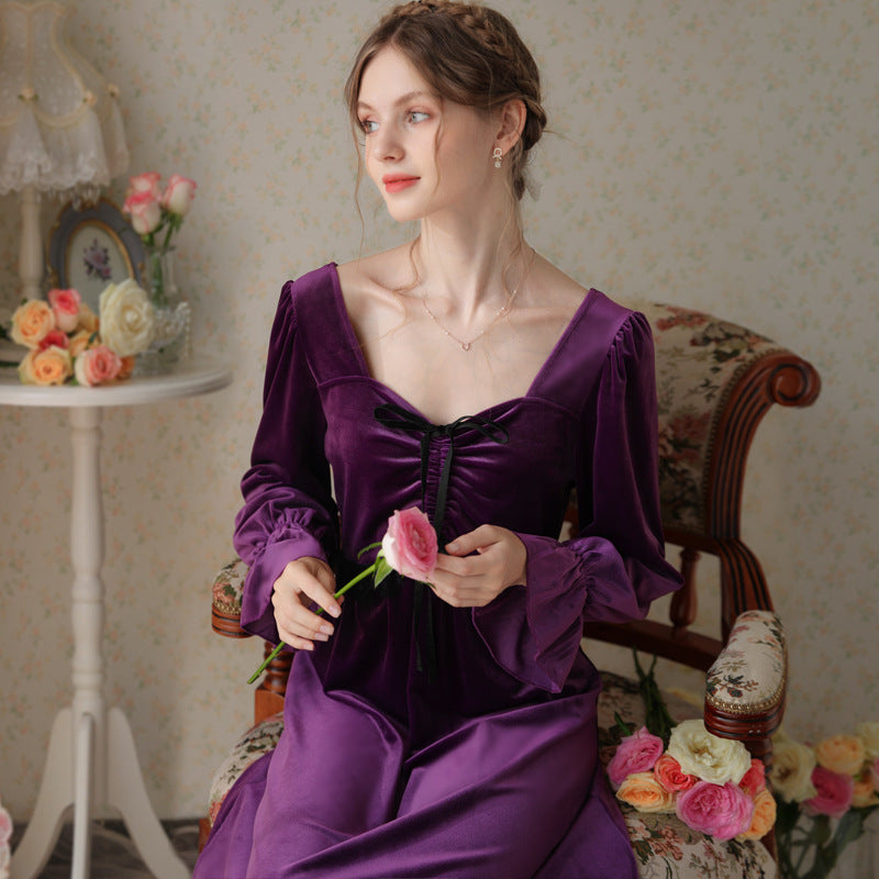 French Velvet Bow Long Sleeve Nightdress