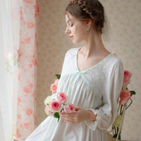 White Elegant V-Neck Bow Ribbon Long Sleeve Cotton Nightdress