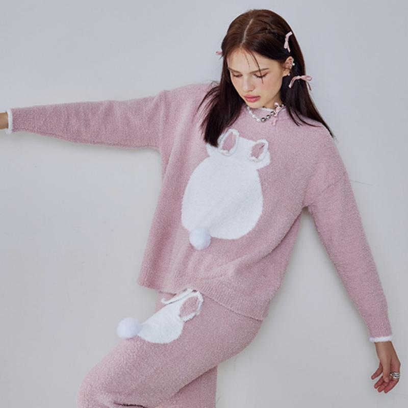 Pink Back of rabbit Half-Pile Flannel Pullover Long Sleeve Trousers Pajamas Set