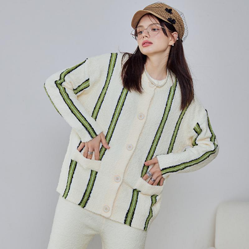 Yellow Stripe Half-Pile Long Sleeve Trousers Pajamas Set