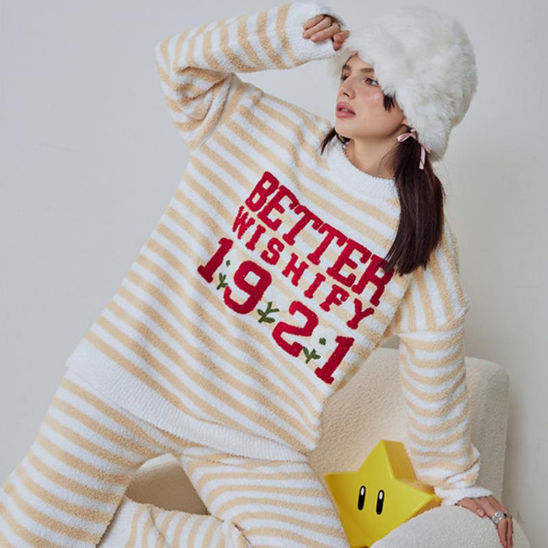 Yellow Stripe Letter Embroidery Half-Pile Flannel Pullover Long Sleeve Trousers Pajamas Set