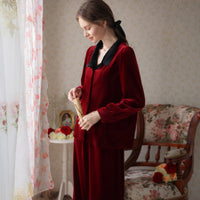 Simple Burgundy Lapel Velvet Long Sleeve Trousers Pajamas Set