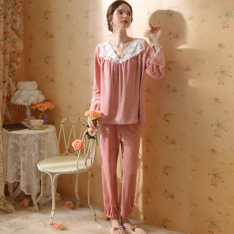 Solid Color V-Neck Floral Lace Velvet Long Sleeve Pants Pajamas Set