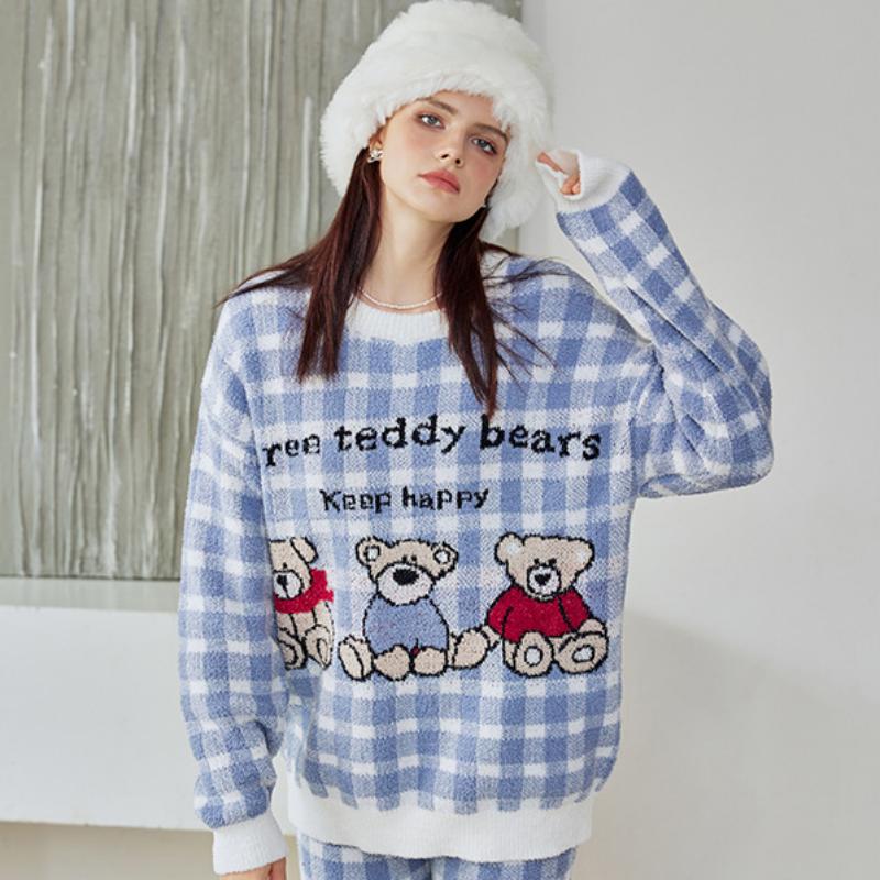 Blue checked bear Half-Pile Flannel Pullover Long Sleeve Trousers Pajamas Set