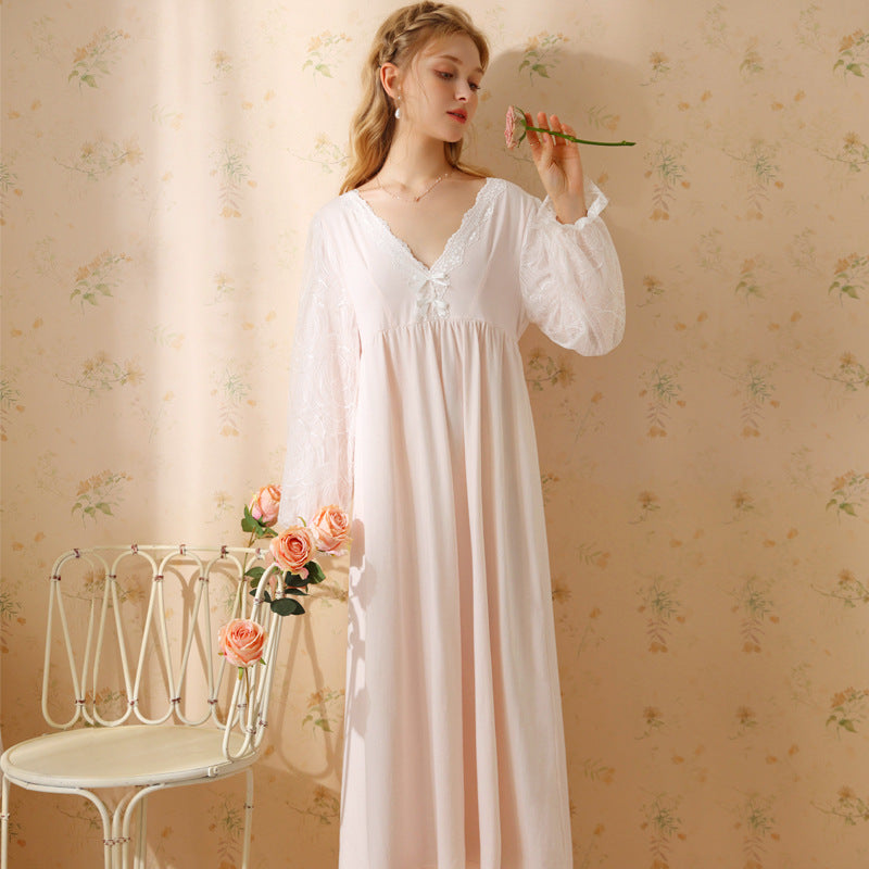 Solid Color Cotton Lace Mesh V-Neck Long-Sleeved Nightdress