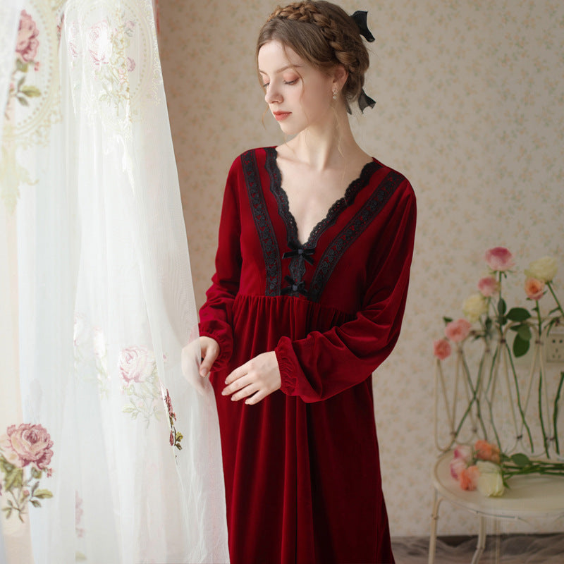 Elegant V-Neck Lace Bow Velvet Long-Sleeved Nightdress