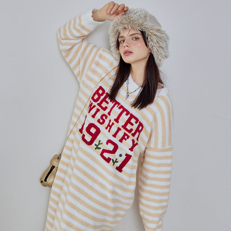 Yellow Purple Stripe Letter Embroidery Half-Pile Flannel Pullover Long-Sleeved Nightdress