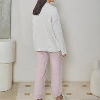 White Large flowers Half-Pile Flannel Pullover Long Sleeve Trousers Pajamas Set