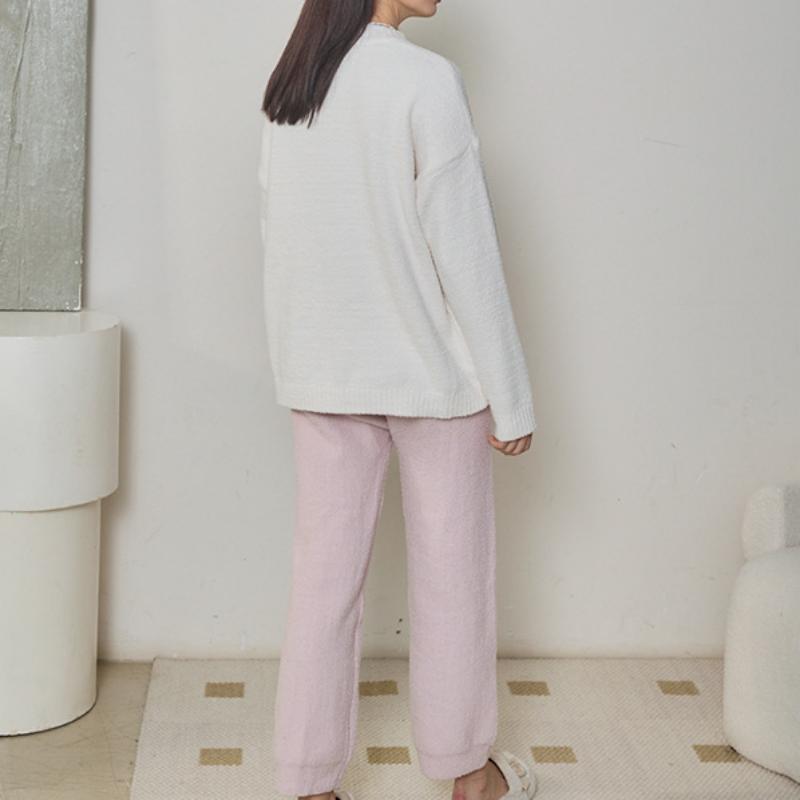 White Large flowers Half-Pile Flannel Pullover Long Sleeve Trousers Pajamas Set