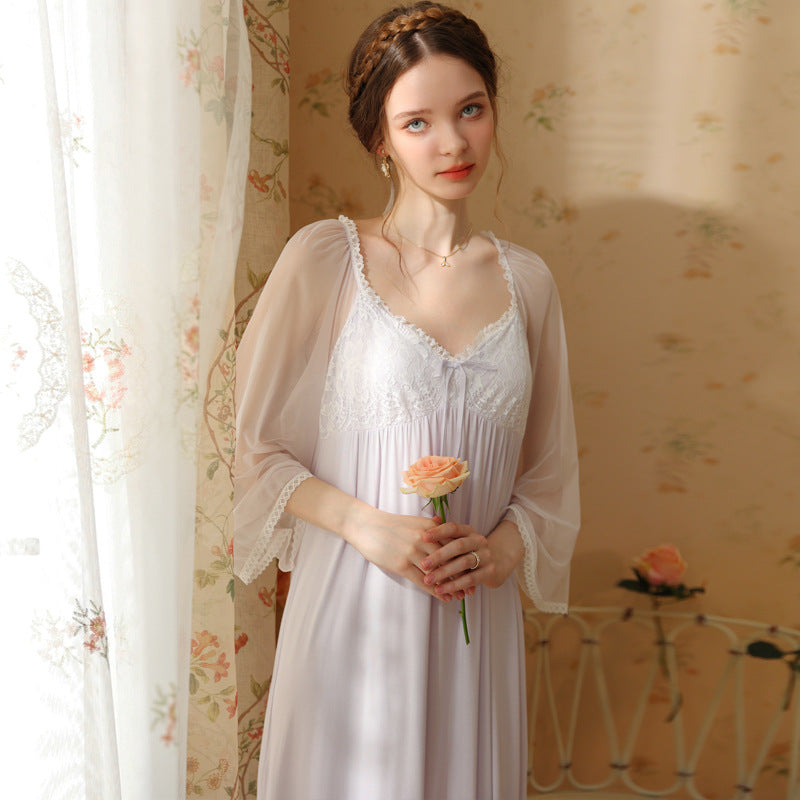 Lace Gauze Bow Long Sleeve Nightdress