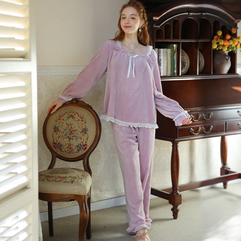 Elegant Square Neck Bow Velvet Long Sleeve Trousers Pajamas Set