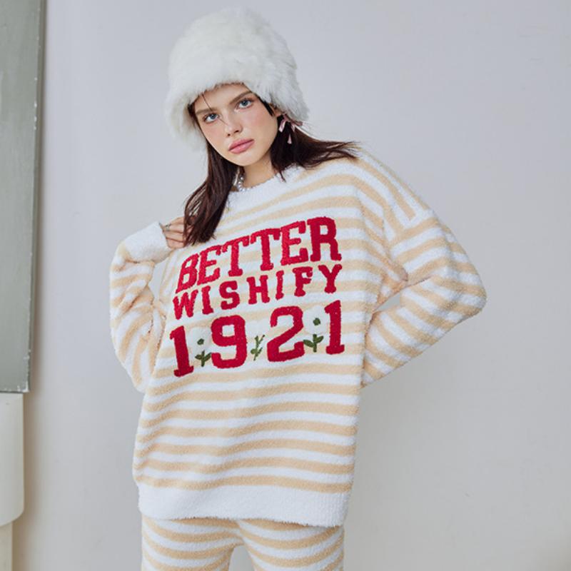 Yellow Stripe Letter Embroidery Half-Pile Flannel Pullover Long Sleeve Trousers Pajamas Set