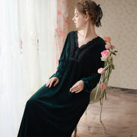 Elegant V-Neck Lace Bow Velvet Long-Sleeved Nightdress