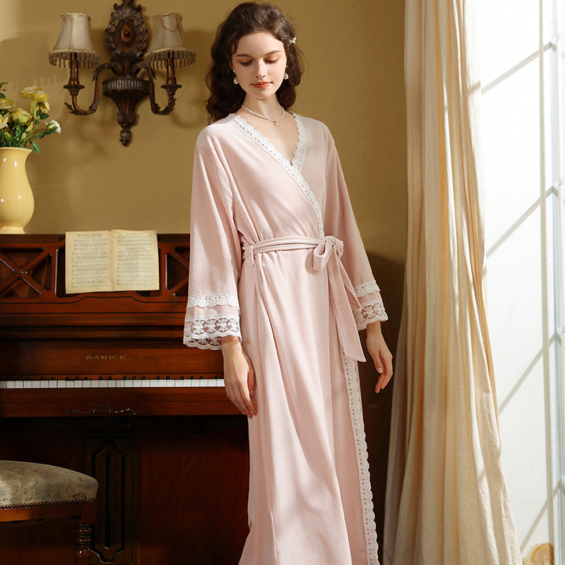 Vintage Pink Lace Velvet Long Sleeve Robe