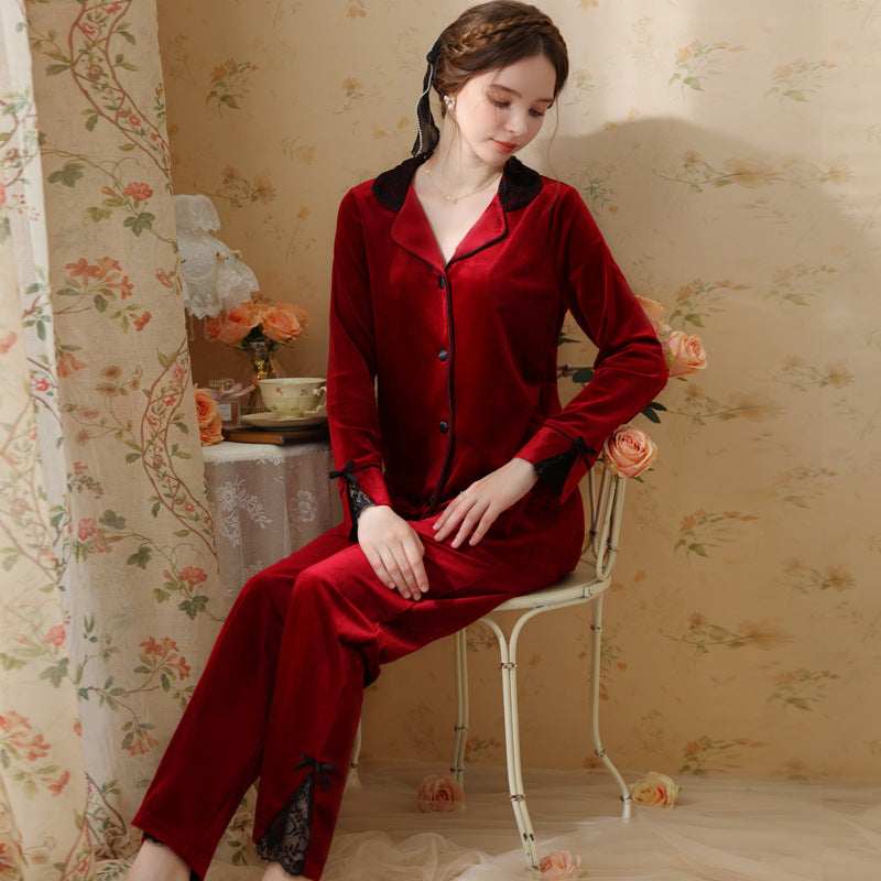 Simple Solid Color V-Neck Velvet Long Sleeve Trousers Pajamas Set