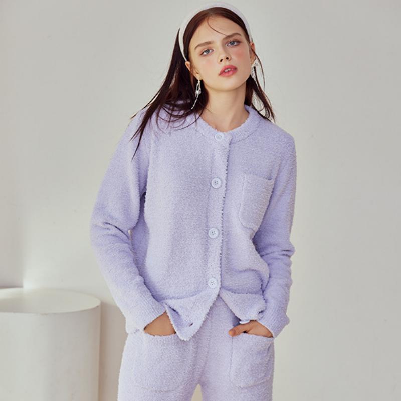 Light Purple Half-Pile Flannel Long Sleeve Trousers Pajamas Set