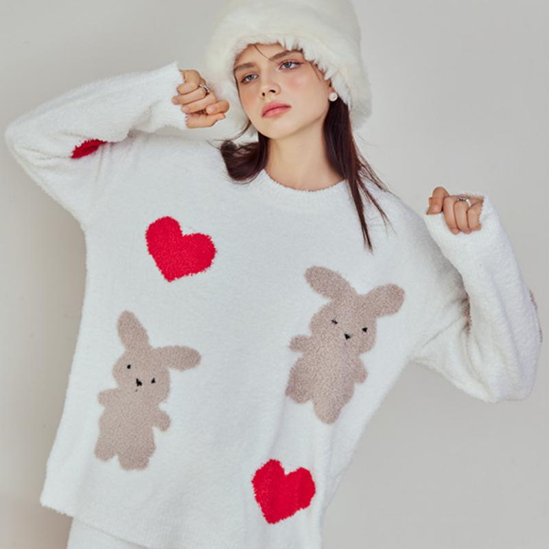 Heart And Rabbit Half-Pile Flannel Pullover Long-Sleeved Pant Pajamas Set