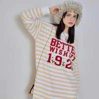 Yellow Purple Stripe Letter Embroidery Half-Pile Flannel Pullover Long-Sleeved Nightdress