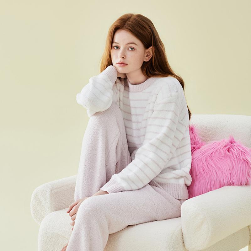 Solid Color Striped Velvet Long Sleeve Trousers Pajamas Set