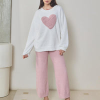 White Big Heart Half-Pile Flannel Pullover Long Sleeve Trousers Pajamas Set