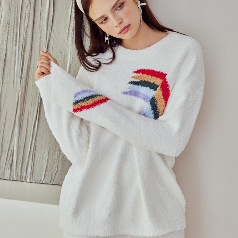 White Rainbow Half-Pile Flannel Pullover Long Sleeve Trousers Pajamas Set