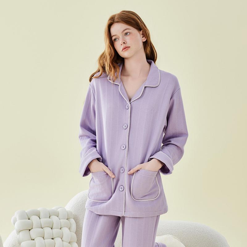 Solid Color Three Layer Cotton Long Sleeve Pants Pajamas Set