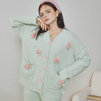 Green Bow Half-Pile Flannel Long Sleeve Trousers Pajamas Set