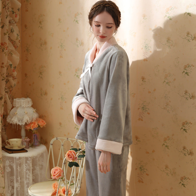 Elegant Grey Velvet Long Sleeve Trousers Pajama Set With Bow