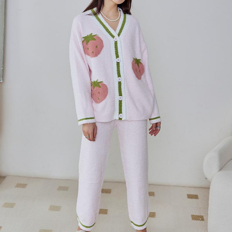 Pink Strawberry Half-Pile Long Sleeve Trousers Pajamas Set