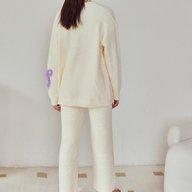 Yellow Bow Embroidery Half-Pile Flannel Long Sleeve Trousers Pajamas Set