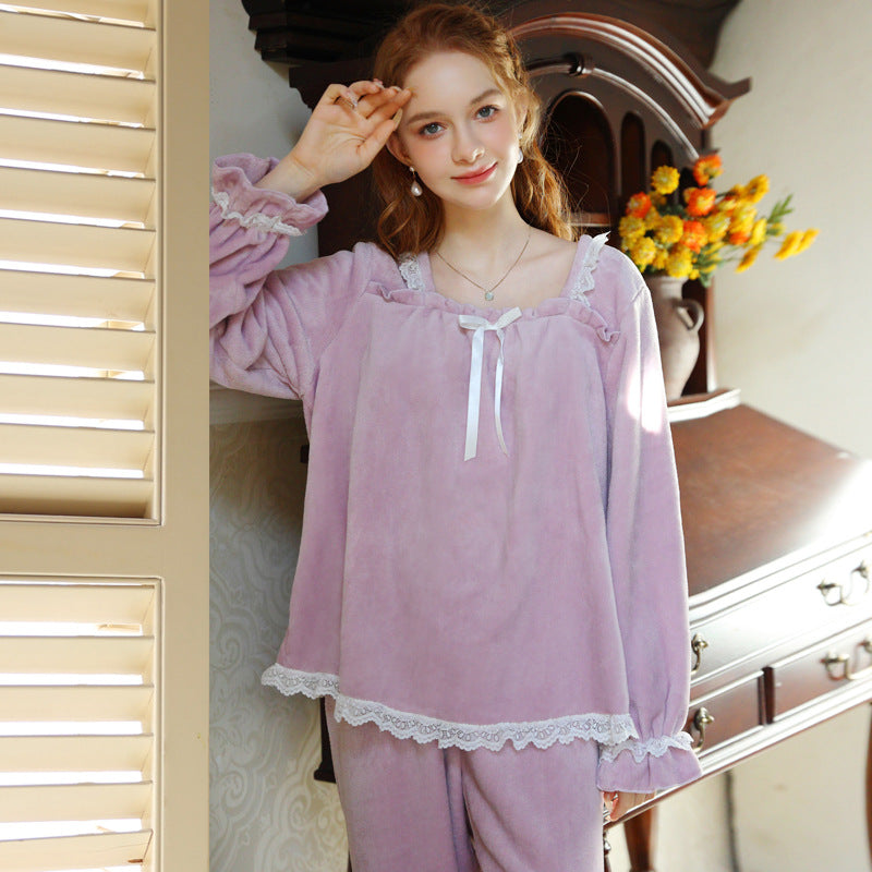 Elegant Square Neck Bow Velvet Long Sleeve Trousers Pajamas Set