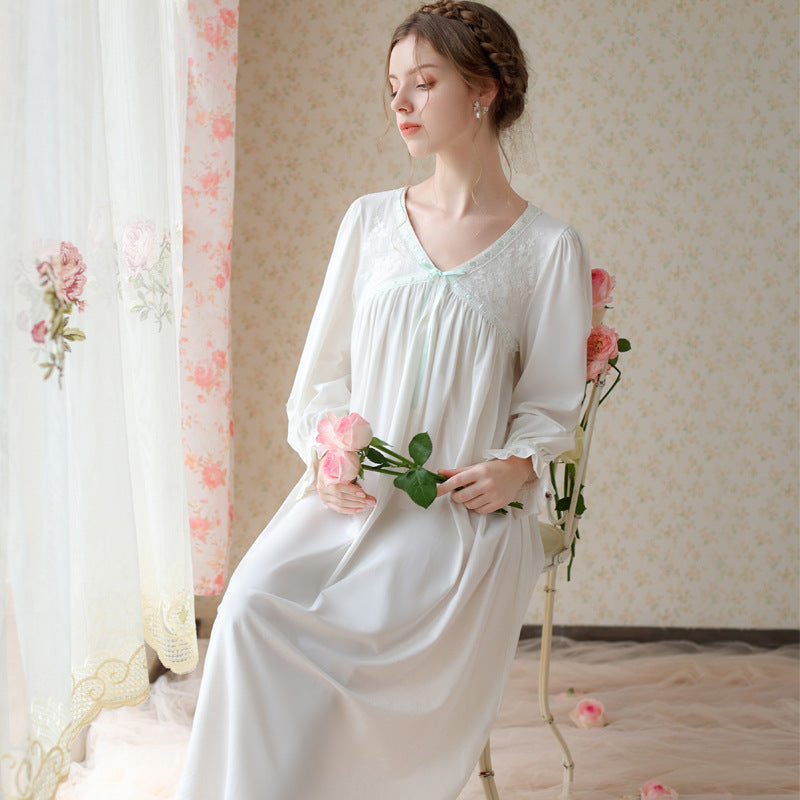 White Elegant V-Neck Bow Ribbon Long Sleeve Cotton Nightdress