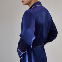 19 Momme Mulberry Silk Navy Blue Men's Long Sleeve Robe