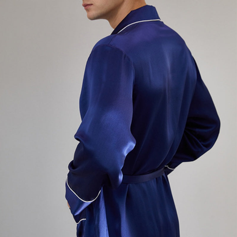 19 Momme Mulberry Silk Navy Blue Men's Long Sleeve Robe